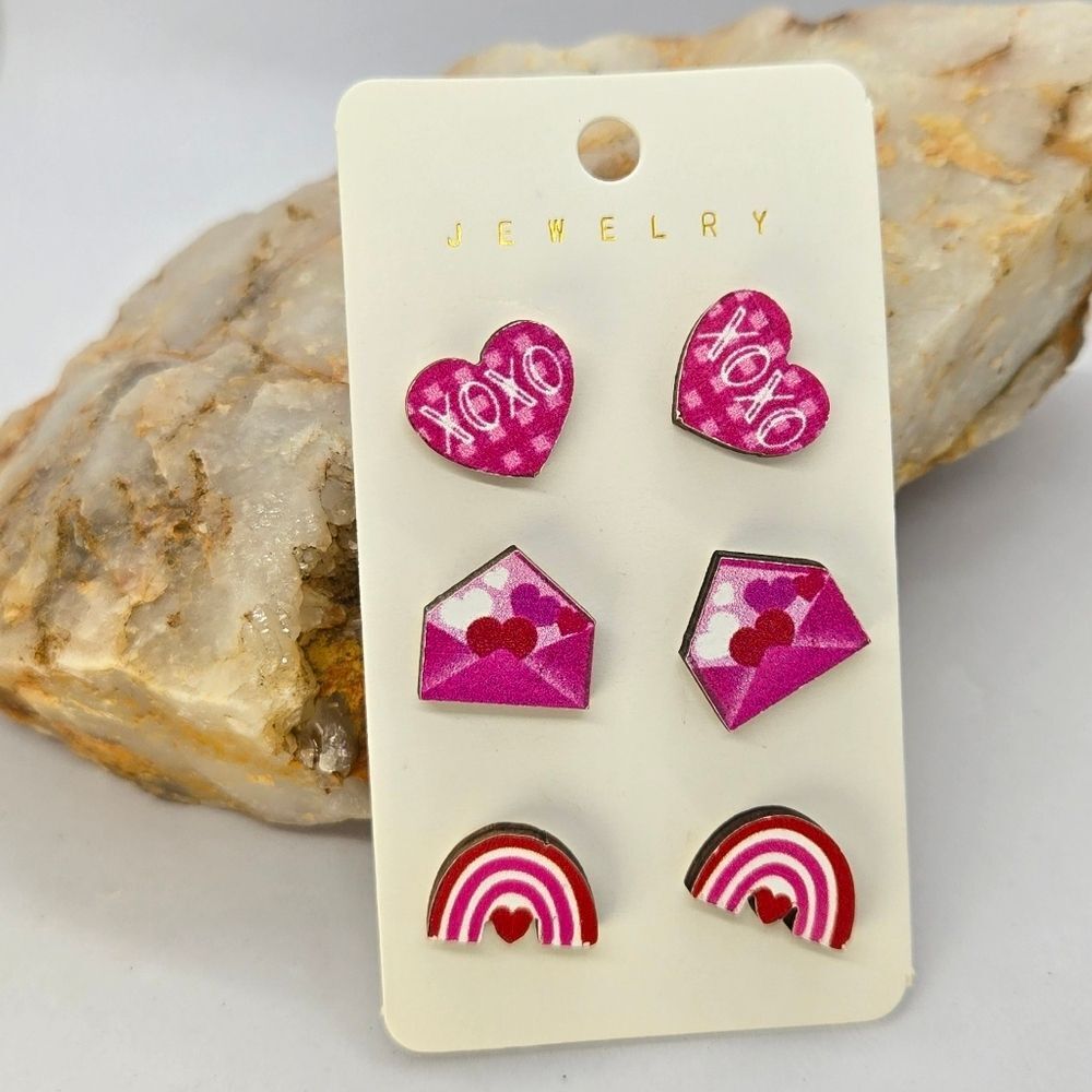 Wooden Stud Earrings 3-Pack | Rainbow, Love Letter & Heart Jewelry NWT Valentine